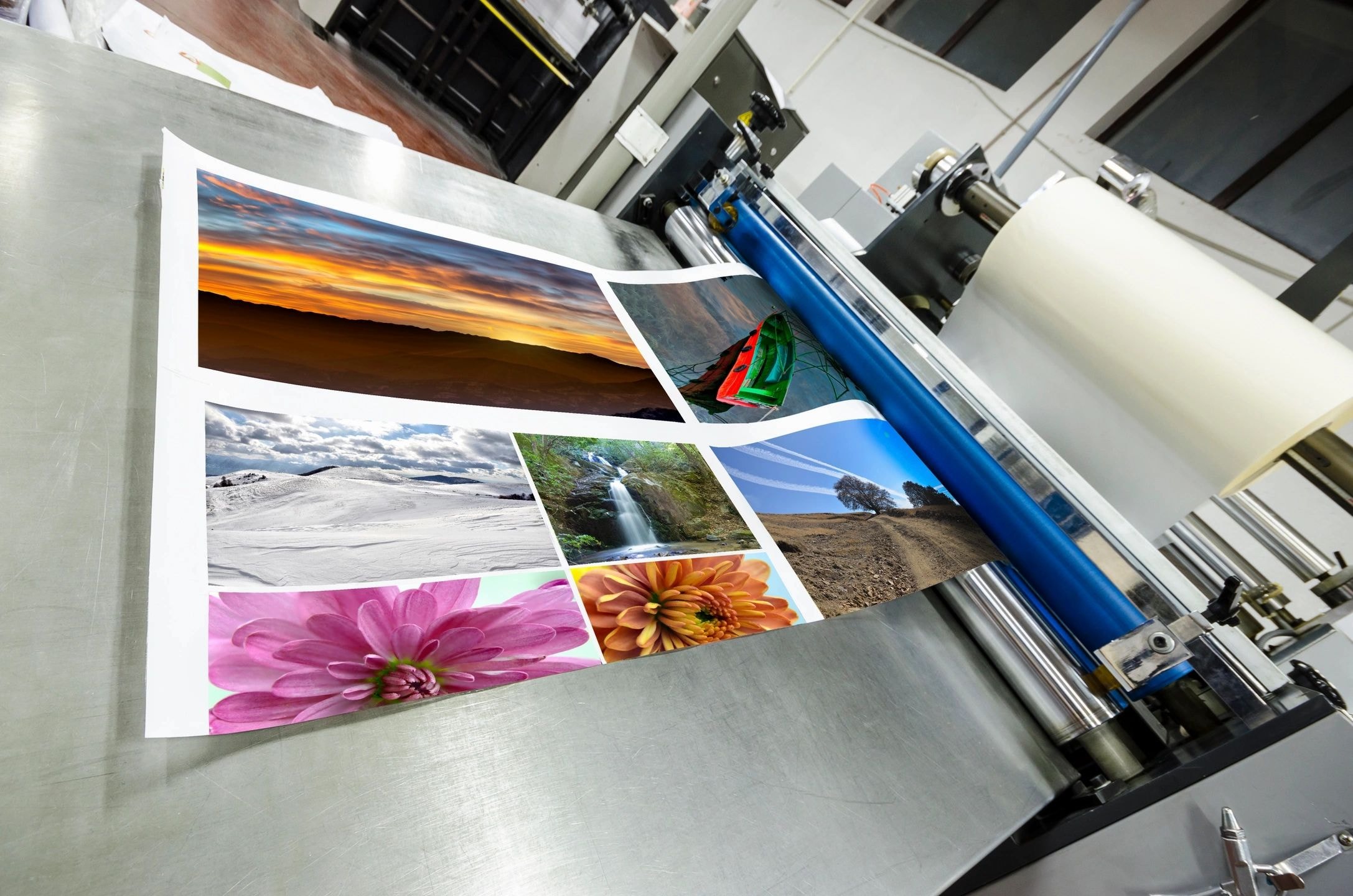 Printed photo sample sheet with landscape and nature collage on industrial printer