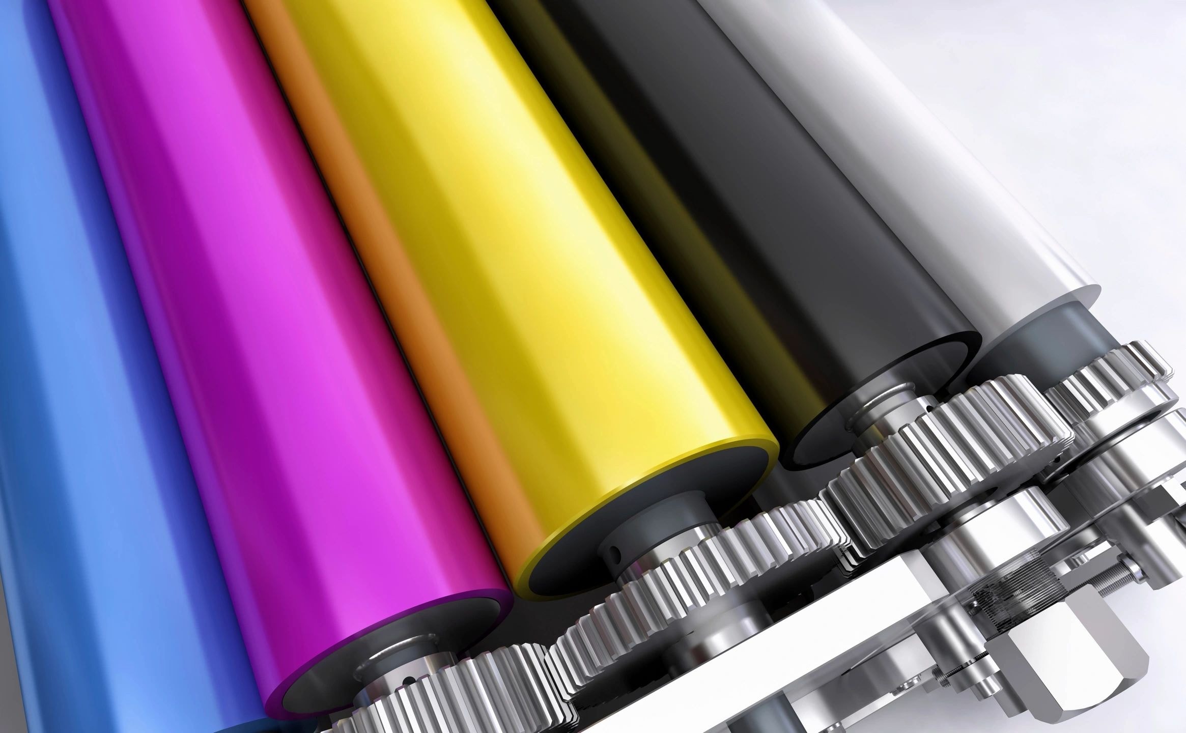 Industrial printing press with CMYK color vinyl rolls